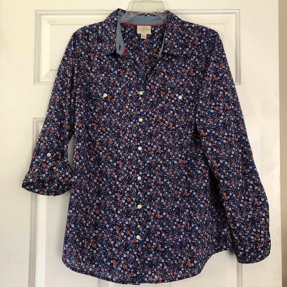 St. John’s Bay Roll Tab Button Down Floral Top Shirt Women’s Sz Large Cotton EUC